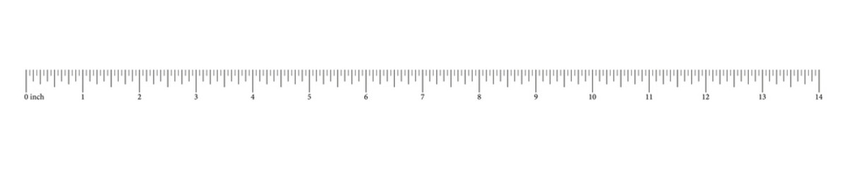 Measuring chart with 14 inches. Ruler scale. Sewing tool. Length measurement math, distance, height. Graphic illustration.