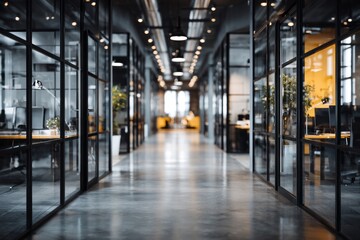 Obraz premium Beautiful blurred background of a light modern office interior, ffice space in an unfocused view. Modern blurred background photo for banner, poster or magazine and website background. High quality.