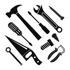 Assorted Black Hand Tools and Fasteners hammer screwdriver