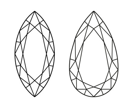 Marquise, Pear diamond cut shape set. Gemstone outline pattern for jewellery design, branding, packaging, logotype. Marquise, Pear brilliant cut minimalist icons. Diamond top view. Design diagram.