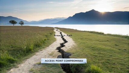 A cracked pathway in a serene digital landscape signifies a compromised access point, warning of a security breach.