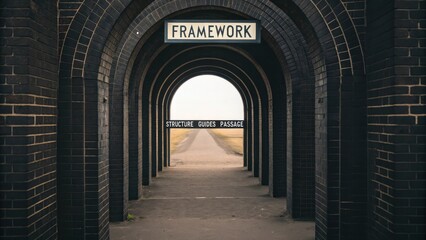 Obraz premium A dark brick archway tunnel leading to a bright horizon with a sign that reads FRAMEWORK, showcasing structural guidance for passage.