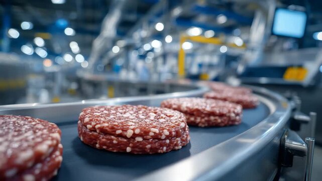Macro detail of cylindrical meat products rolling gently along a conveyor belt, their shiny surface catching highlights from bright LED panels, with industrial tubing and gauges fa