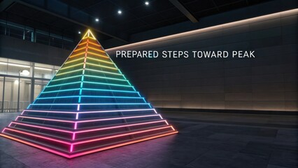 A glowing abstract pyramid structure with layered neon lights in a modern interior