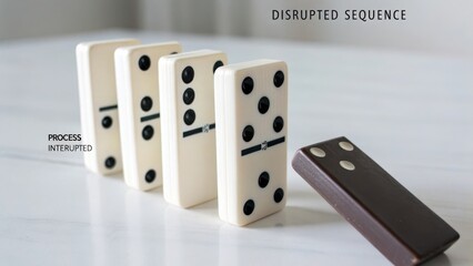 A line of white dominoes standing upright is about to be disrupted by a falling dark domino