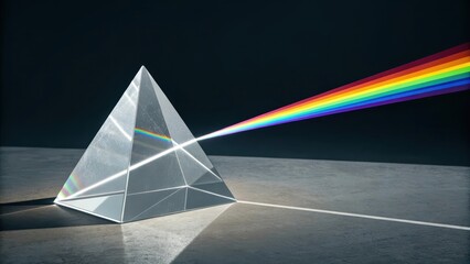 A clear crystalline prism refracts a beam of light into a vibrant spectrum, showcasing the principles of optical dispersion.