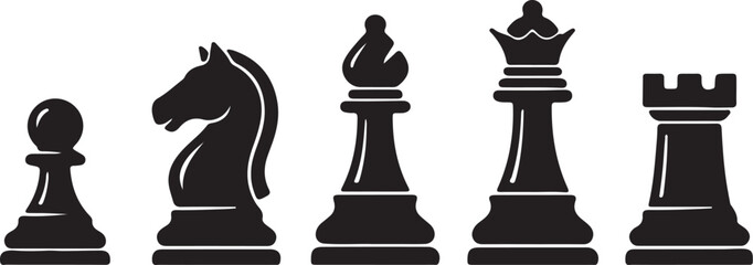 Five black chess pieces including pawn knight bishop king and rook on a white background also transparent background © MeJaMa