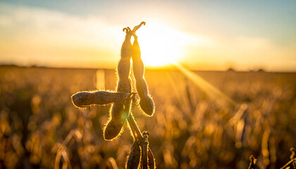 Golden sunlight bathes a field of soybeans. Close-up of soybean pods basks in the warmth of the sun, with a blurred field in the background