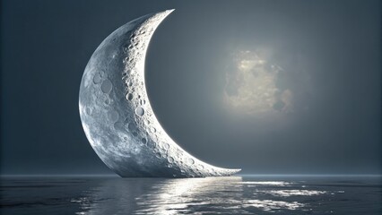 A detailed crescent moon rises over tranquil water with a cool metallic silver background, representing cosmic beauty and mystery.