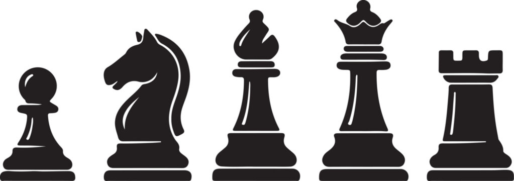 Five black chess pieces including pawn knight bishop king and rook on a white background also transparent background