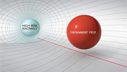 A bright red containment field sphere approaches a pale blue high risk anomaly within a digital grid space.