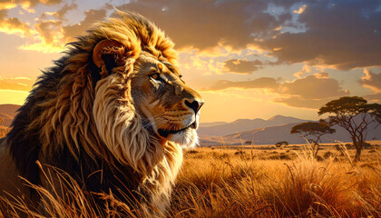 Majestic lion basking in the golden African sunset, representing the power and beauty of wildlife. The sun's warm glow lights up its impressive mane
