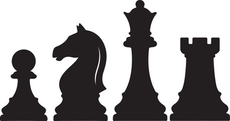 Silhouettes of Chess Pieces Including Pawn Knight King and Rook on White Background also transparent background © MeJaMa