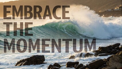 A powerful, dynamic ocean wave crashes forcefully against a rocky shoreline under a dramatic sky.