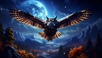 Majestic owl soaring gracefully beneath the moonlit sky. The owl is in full flight, its wings spread wide, showcasing intricate details, under the full moon in the dark night. 