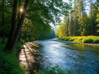 A serene forest river with trees and greenery on a sunny day with reflections on the water surface