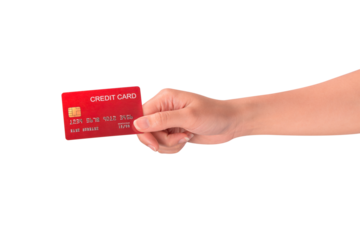 Hand holding a credit card isolated on transparent PNG. High resolution, high quality studio shot. Concept for technology, business, finance, advertising, E-commerce, Shopping and lifestyle themes.