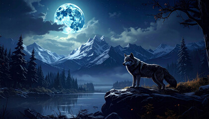 A lone wolf gazing serenely under a glowing full moon, overlooking a majestic mountainous landscape with a lake in foreground. The scene evokes a sense of wilderness, tranquility, and mystery.