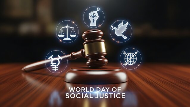 World day of social justice gavel with icons representing equality and human rights on wooden desk - Powered by Adobe