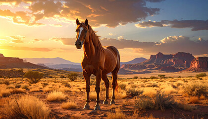 Majestic horse standing proudly in a desert landscape during sunset. It showcases the raw beauty of the wilderness and the powerful image of an animal silhouette