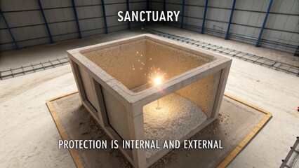 A robust concrete sanctuary structure with granular interior and illuminating light