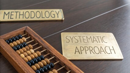 A meticulously crafted wooden abacus rests on a dark surface near brass plates labeled Methodology and Systematic Approach, representing calculation and strategy.