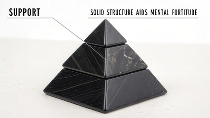 A precisely structured pyramid crafted from four smooth, black obsidian shards, highlighting its geometric form and dark, natural elegance.