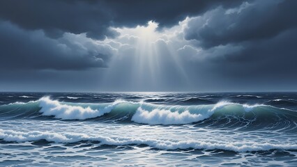 Dramatic ocean waves under stormy sky with sun rays