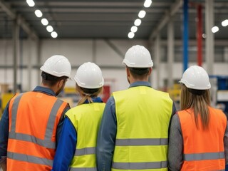 Four construction workers wearing safety gear and hard hats in a warehouse