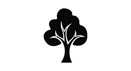 A striking black tree form against a white background presents a simple elegant botanical silhouette © Kuntol02