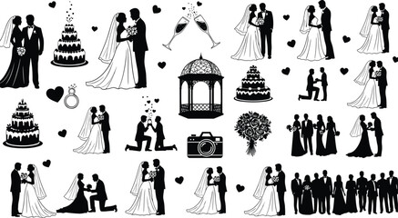 Wedding Silhouette Clipart Collection Featuring Bride and Groom Couples, Proposal Scenes, Cakes, Rings, Hearts and Romantic Marriage Ceremony Icons