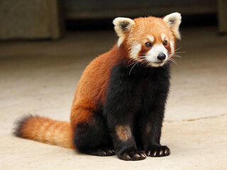 Obraz premium A red panda sitting on a light-colored ground in a side profile view within a zoo enclosure.