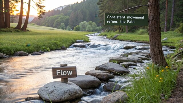 A serene natural landscape with a clear stream flowing over stones and a sign indicating 'Flow' alongside a message about refining the path - Powered by Adobe