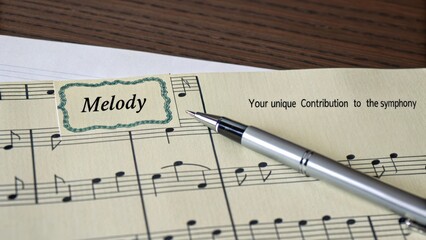 A silver pen poised over sheet music with the word Melody, signifying creative composition and musical ideation.