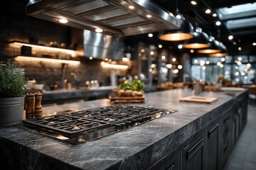 countertop with blurred home kitchen background, kitchen tabletop with copy space over blurred kitchen in background