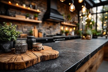 countertop with blurred home kitchen background, kitchen tabletop with copy space over blurred kitchen in background