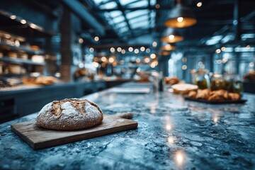 countertop with blurred home kitchen background, kitchen tabletop with copy space over blurred kitchen in background