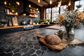 countertop with blurred home kitchen background, kitchen tabletop with copy space over blurred kitchen in background