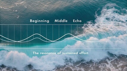 Abstract Waveform Representation of Sound Resonance Over Time, Featuring Beginning, Middle, and Echo Stages on a Blue and Teal Water Background