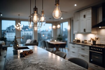 countertop with blurred home kitchen background, kitchen tabletop with copy space over blurred kitchen in background