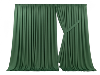 Green curtain with tied drapes and opening tied curtain isolated on a transparent background