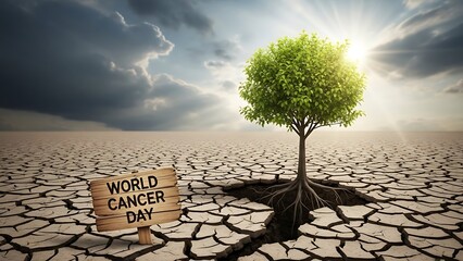 A tree grows on dry cracked earth with a wooden sign on world cancer day under a cloudy sky with sunshine