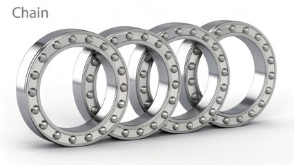 Arrangement of Four Polished Circular Metal Bearings with Small Spheres Inside on a White Background