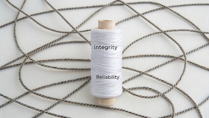 A single spool of white thread with 'Integrity' and 'Reliability' labels rests on a background of interwoven threads, symbolizing strength and connection.