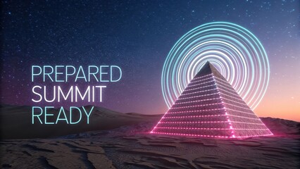 Abstract glowing pyramid with futuristic spiral in a starry desert landscape