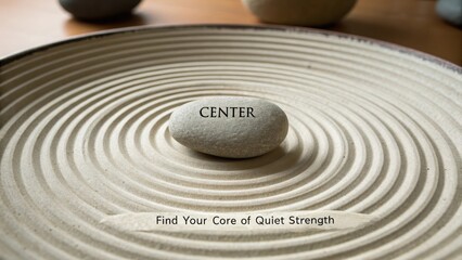 A single smooth stone inscribed with the word CENTER rests in the middle of a meticulously raked zen garden.
