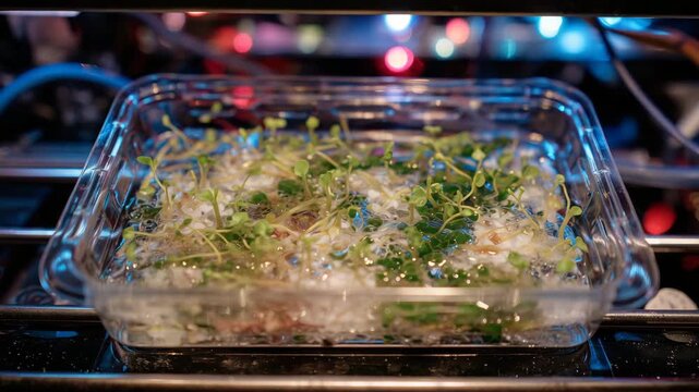 Top-down perspective of lab meat cultivation tray, showing early stages of tissue growth, illuminated by soft neon laboratory lights