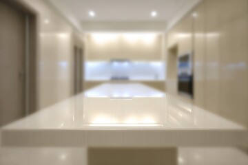 countertop with blurred home kitchen background, kitchen tabletop with copy space over blurred kitchen in background