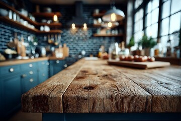 countertop with blurred home kitchen background, kitchen tabletop with copy space over blurred kitchen in background