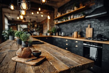 countertop with blurred home kitchen background, kitchen tabletop with copy space over blurred kitchen in background
